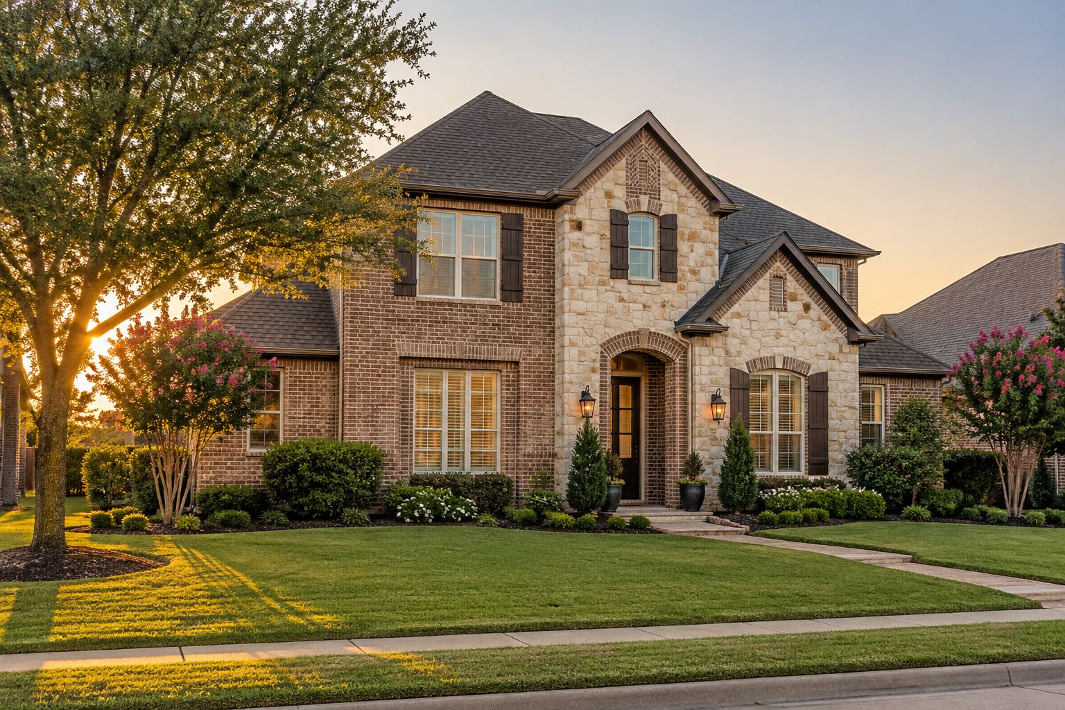 A brick Dallas Fort Worth home with a tree lined yard, illustrative
