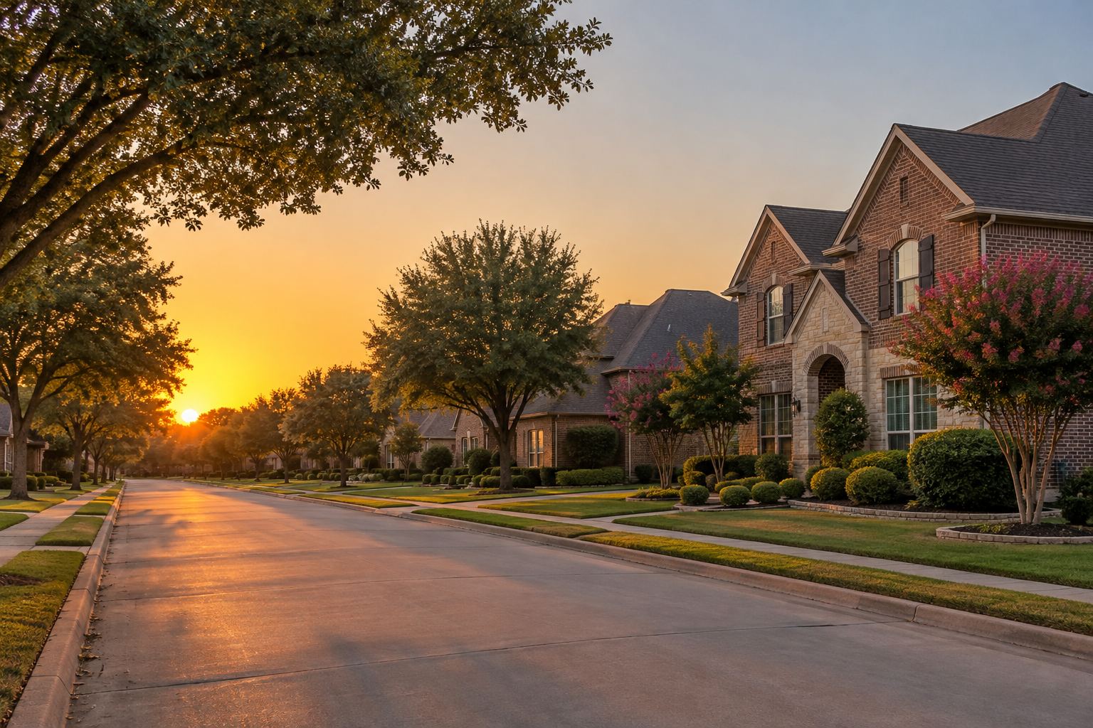 A Coppell residential street at sunset, illustrative
