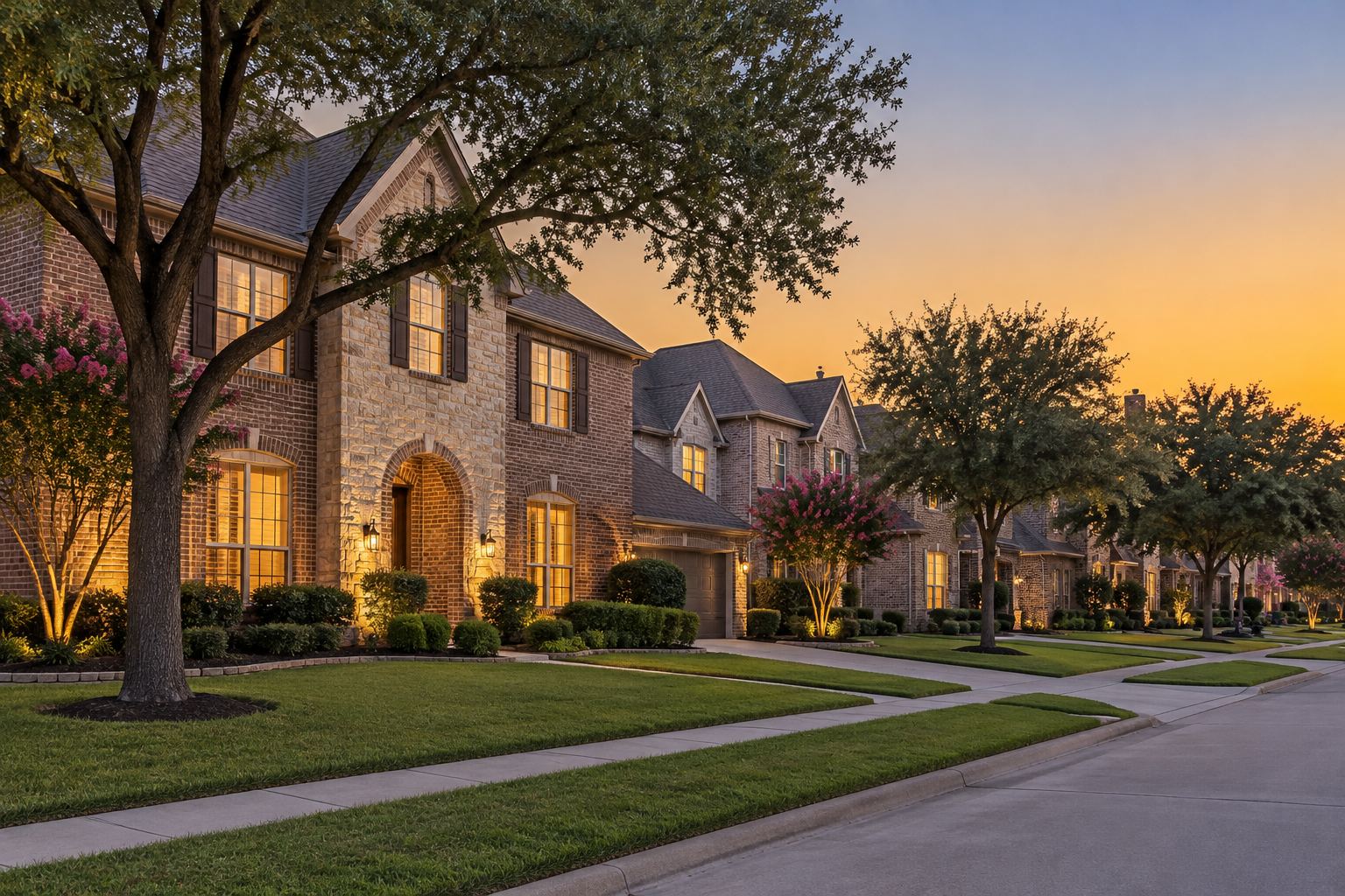 A Dallas Fort Worth home at dusk, illustrative