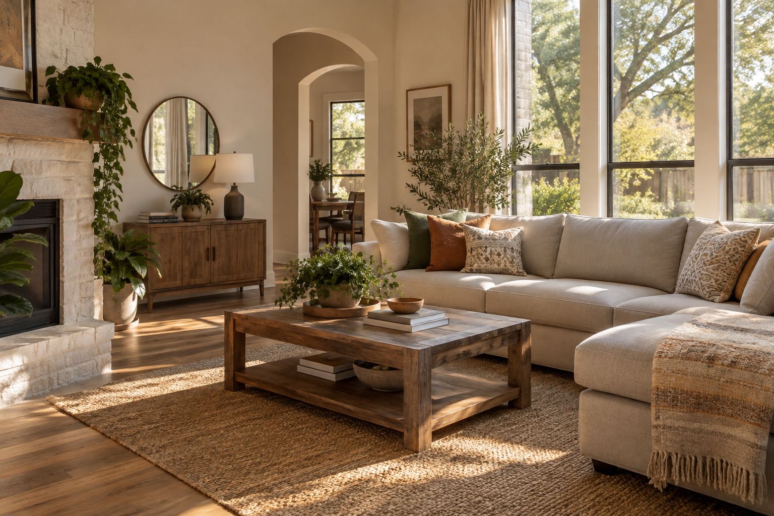 A cozy Coppell living room, illustrative