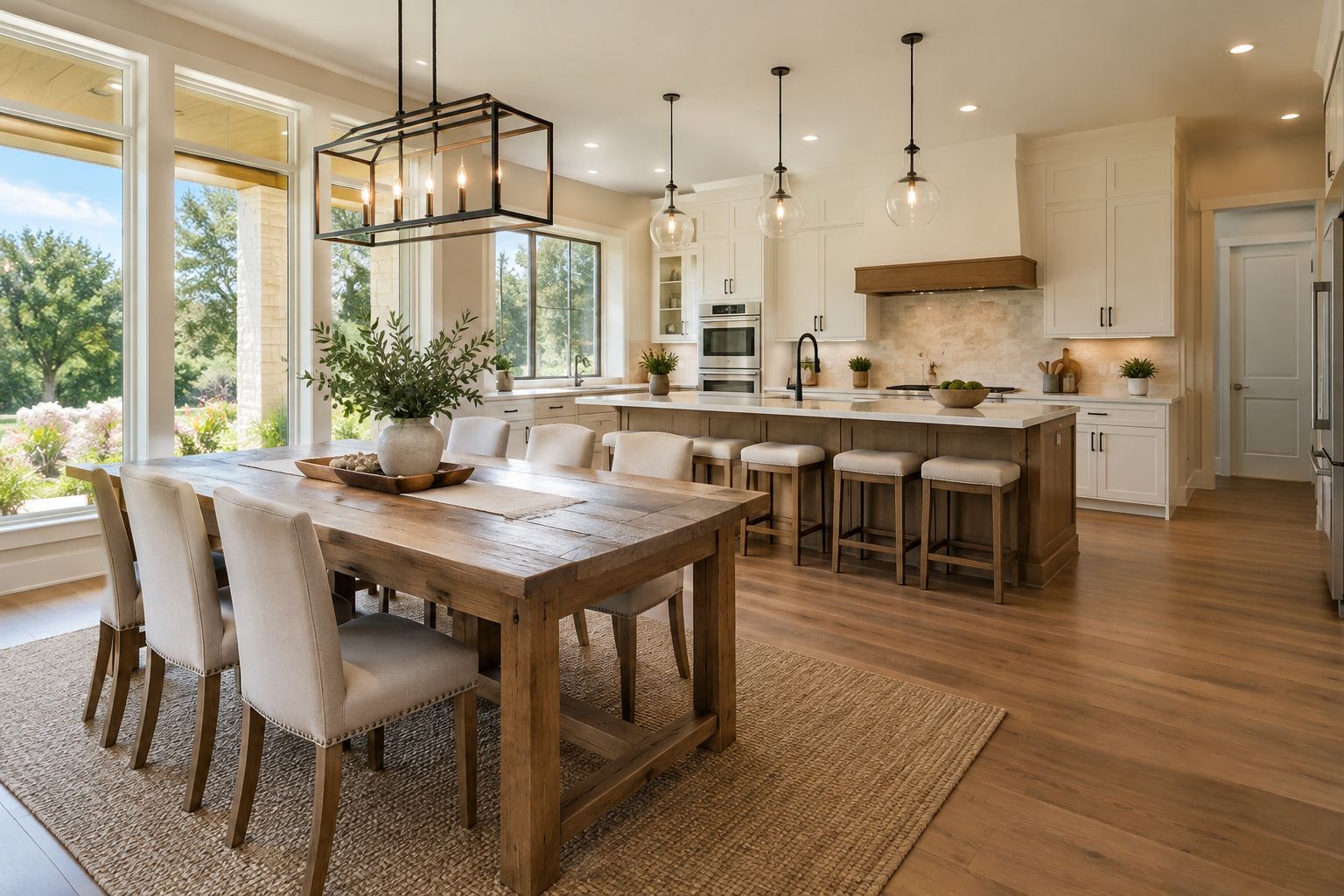 A bright dining room, illustrative